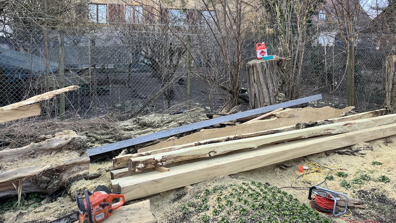 Der riesige Robinienstamm (links im Bild sieht man noch einen Rest davon) wird zersägt, daraus entstehen Bälken, Pfosten und Latten.